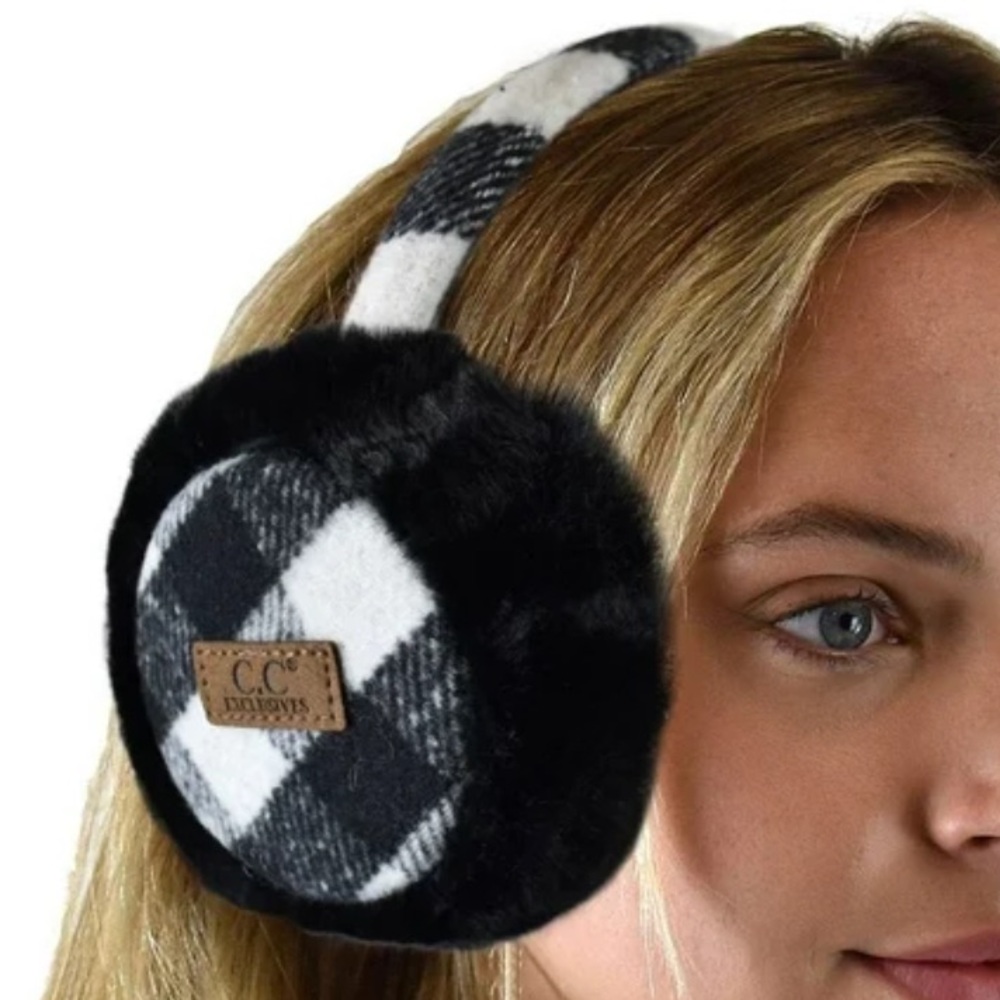 C.C. Exclusive Buffalo Check Plaid Faux Fur Ear Muffs | Black & White